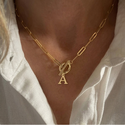 Paperclip Letter Initial Necklace 18K Gold