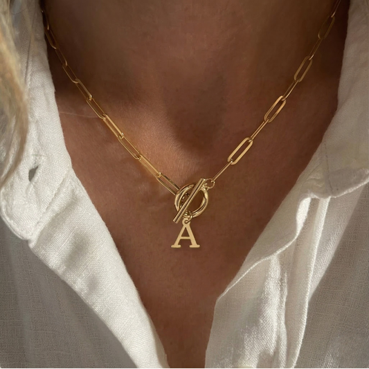 Paperclip Letter Initial Necklace 18K Gold