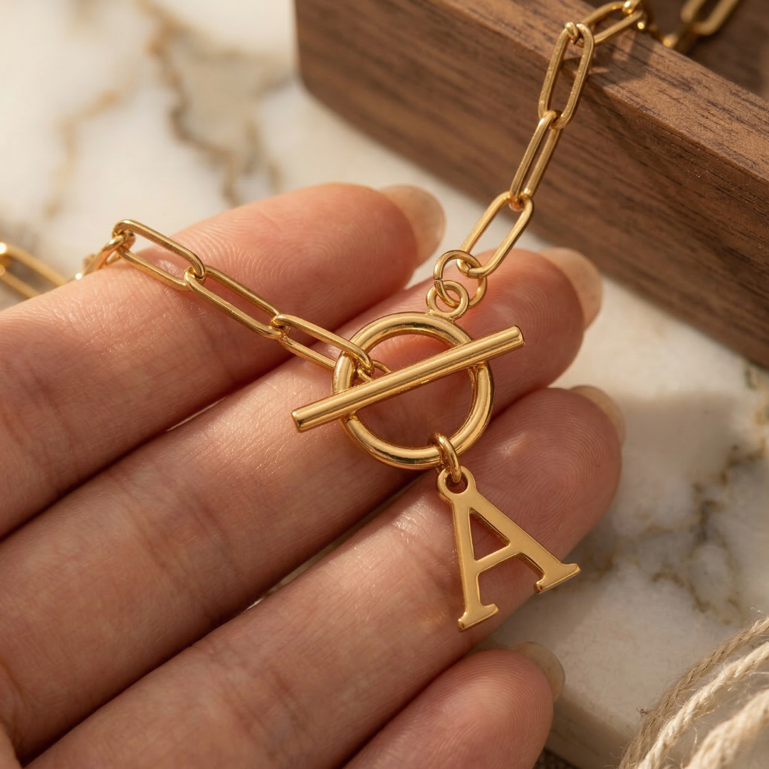 Paperclip Letter Initial Necklace 18K Gold